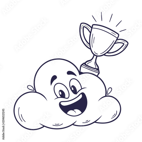 Happy cloud character, trophy winner, achievement icon, cartoon illustration, vector graphic