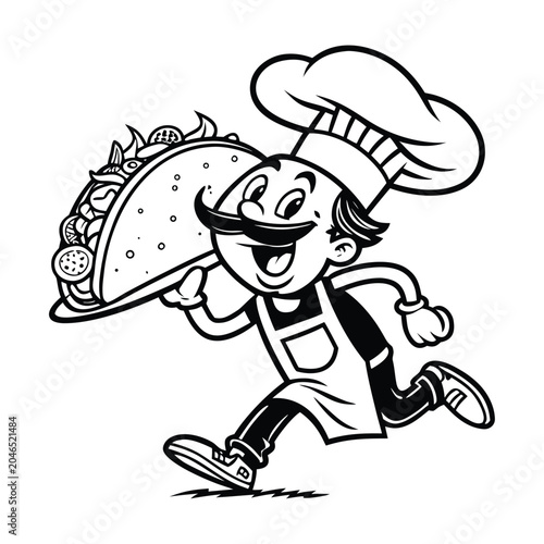Cartoon chef, running with taco, black and white, vector illustration, food icon