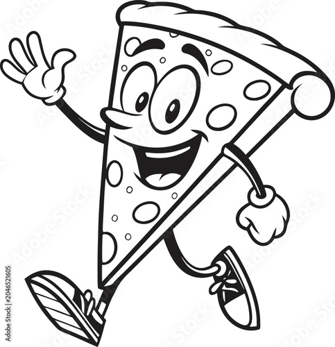 Funny pizza slice character, cartoon food mascot, black and white vector illustration, smiling slice of pizza