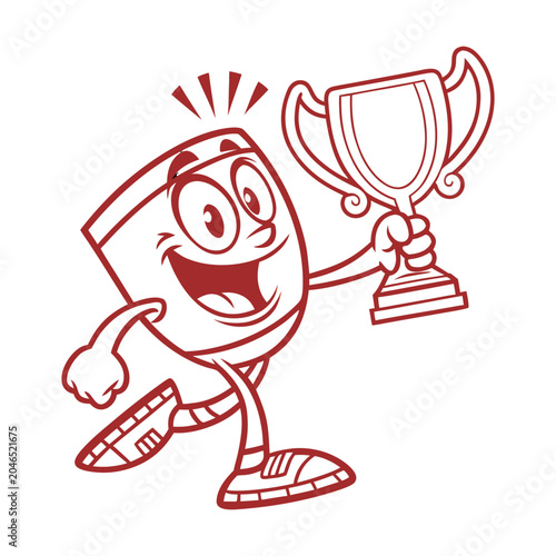 Red cartoon trophy winner, champion character, victorious illustration, achievement icon