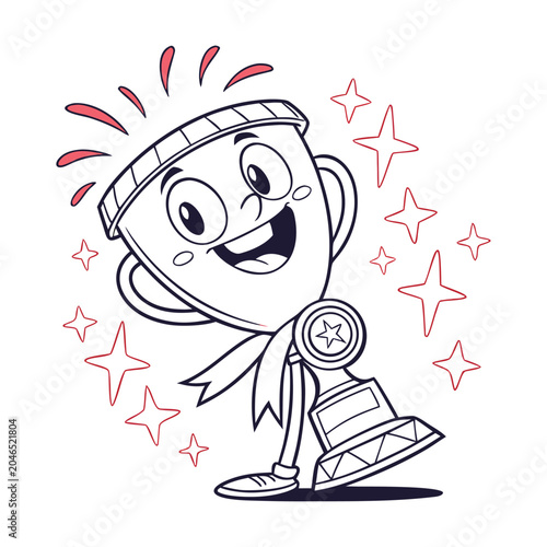 Cartoon trophy character, winner achievement icon, starburst illustration, black and red vector graphic