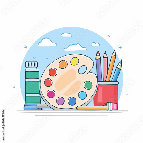 Art supplies: paint palette, colored pencils, and paint tube