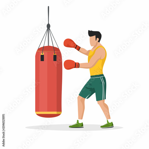 Boxer training with punching bag, flat design illustration