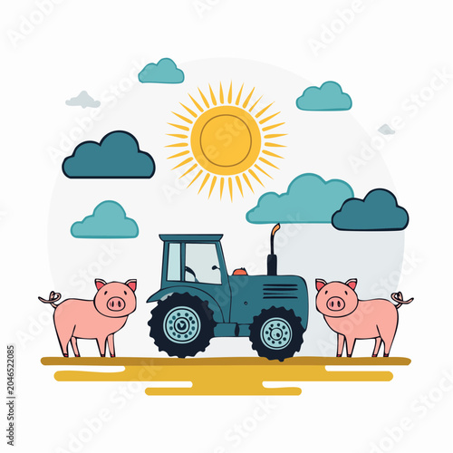 Flat design illustration of a tractor with two pigs under the sun
