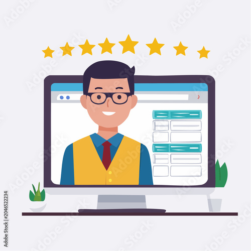 Man with stars rating on computer screen, flat design