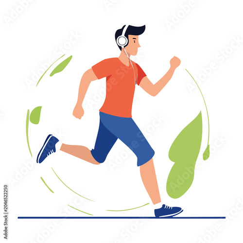 Man running with headphones, flat design illustration