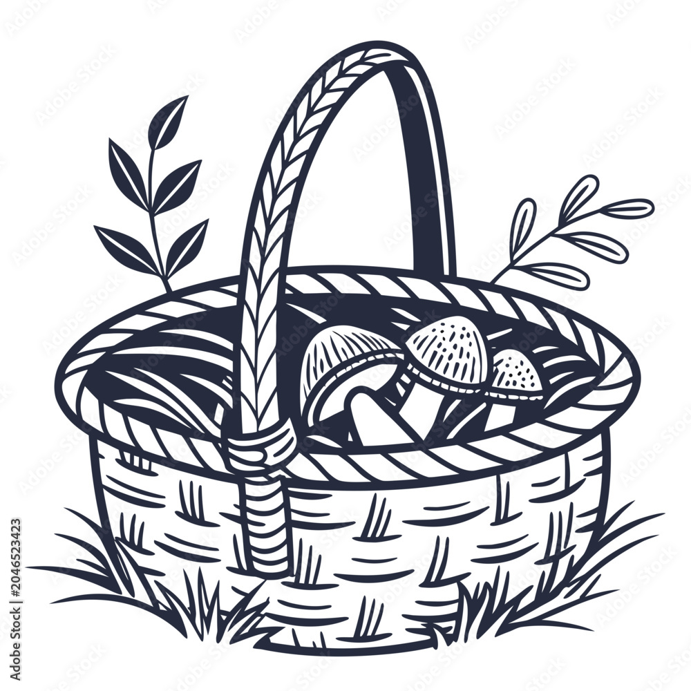 Fototapeta premium Wicker basket filled with mushrooms and plants illustration mushroom foraging basket art