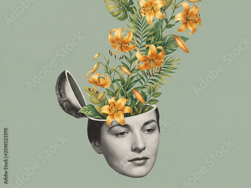 Surreal botanical editorial collage of vintage woman with blooming tiger lilies and tropical leaves growing from open mind