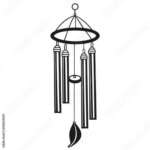 Bild auf Leinwand Wind chime illustration with tubes and a crescent moon line art hanging decorati