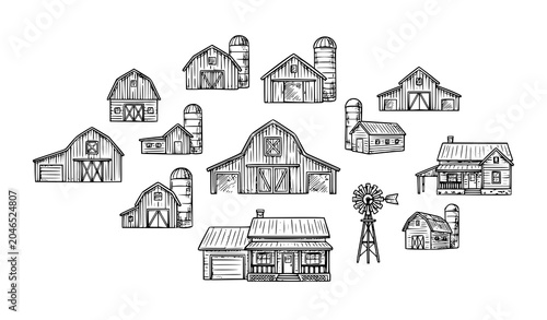 Fotografie Vintage farm barn and farmhouse building icons set with silos and windmill hand