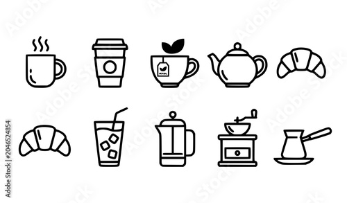Quadro su tela Coffee and tea line icons set with mug teapot takeaway cup croissant grinder and