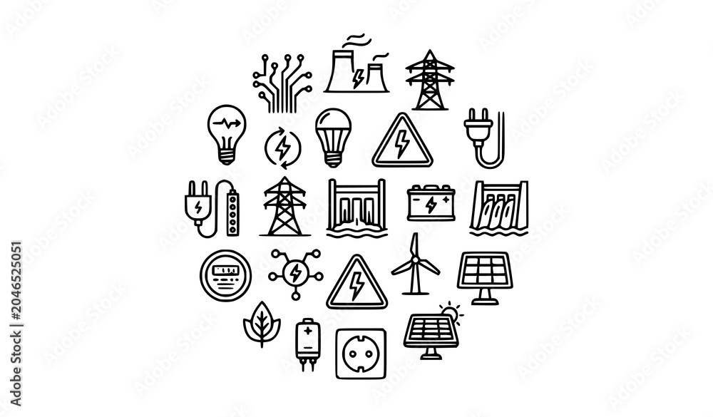 Fototapeta premium Electricity and renewable energy line icons set arranged in circle layout with solar panels outline vector illustration