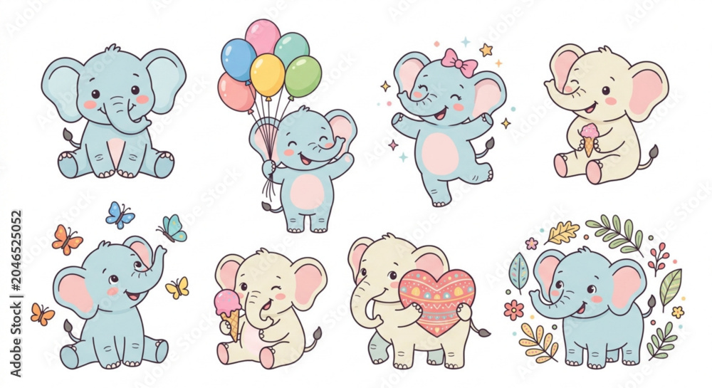 Obraz premium Cute cartoon baby elephant stickers set with balloons heart ice cream and butterflies vector collection
