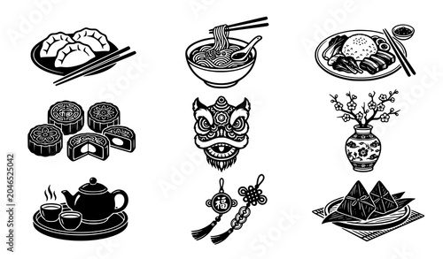 Cuadro en lienzo Traditional Chinese cultural icons set with dim sum noodles mooncake lion dance