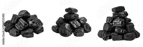 Quadro em tela Black charcoal briquette piles for grilling and barbecue energy, textured fuel r