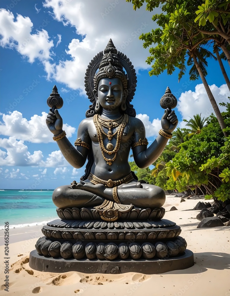 Obraz premium Bronze Buddha statue in serene outdoor setting with ocean backdrop.
