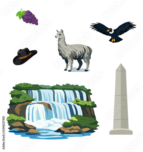 Illustration in vector style of Argentina's theme, with landscape and objects.