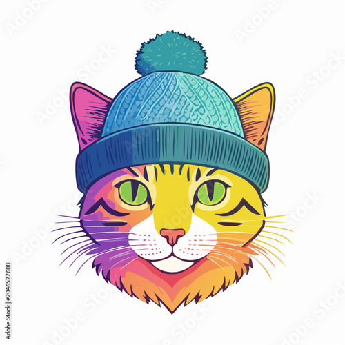 Colorful Cat Wearing a Blue Beanie Hat