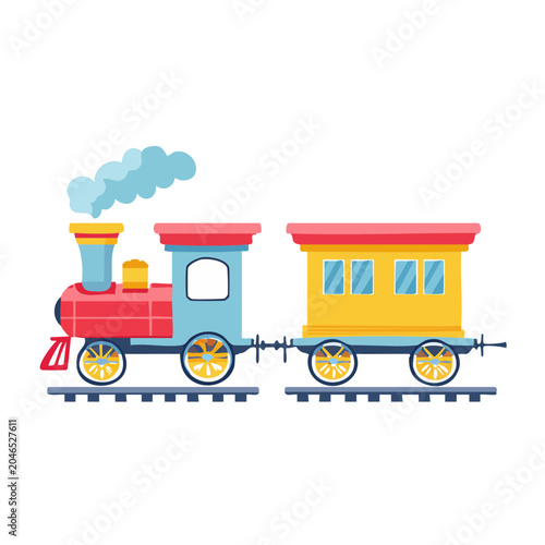 Colorful toy steam train with a carriage on tracks