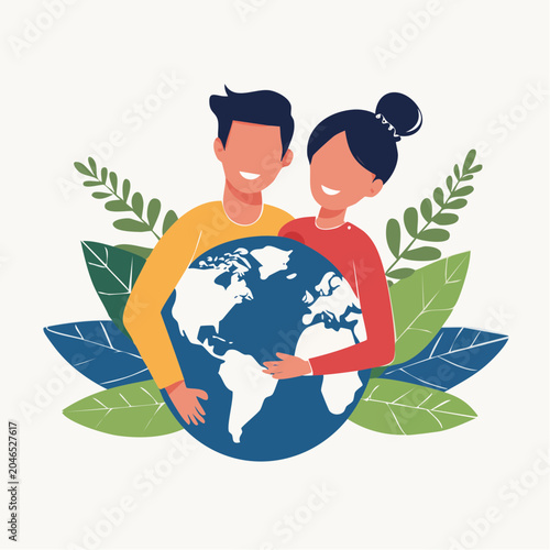 Couple holding planet Earth with leaves