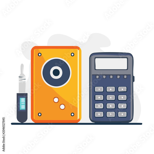 Flat design illustration of portable audio player and calculator