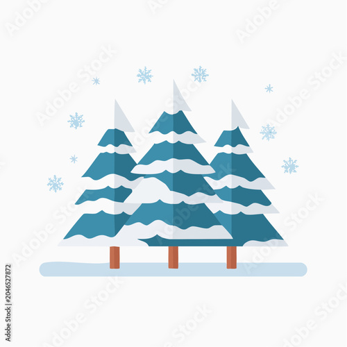 Flat design illustration of snowy pine trees with falling snowflakes