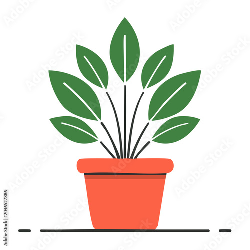 Flat design potted plant with green leaves in orange pot