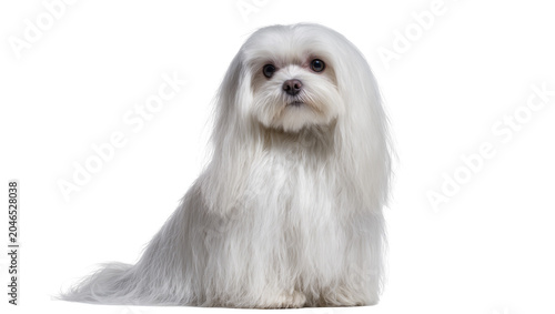 Tableau sur toile Fluffy white Maltese dog with long hair sitting, isolated on transparent backgro