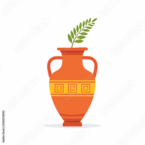Orange amphora vase with green branch on white background