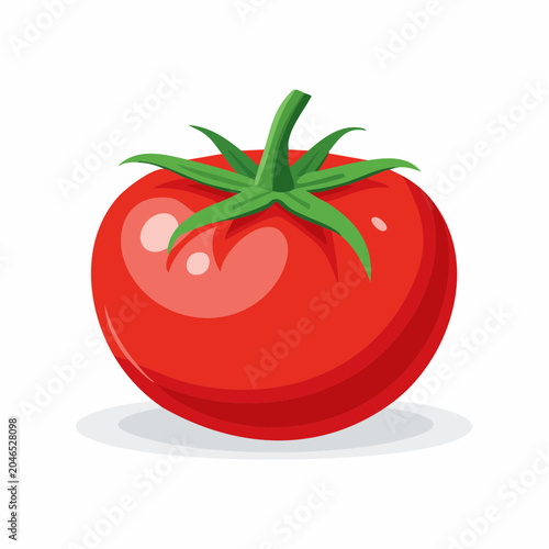 Red tomato with green stem and leaves, flat design