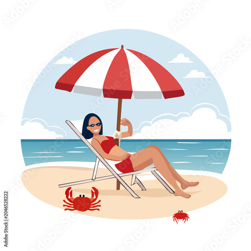 Woman relaxing on a beach chair under an umbrella with crabs
