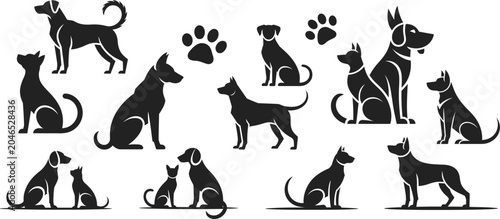 Tableau sur toile Collection of Dog Silhouette Icons Set with Pet Paw Print, Canine Poses and Vete