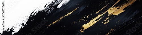 Elegant abstract composition featuring dynamic black paint splashes and gold glitter streaks on a clean white background. Luxurious and modern artistic texture with a sense of motion.