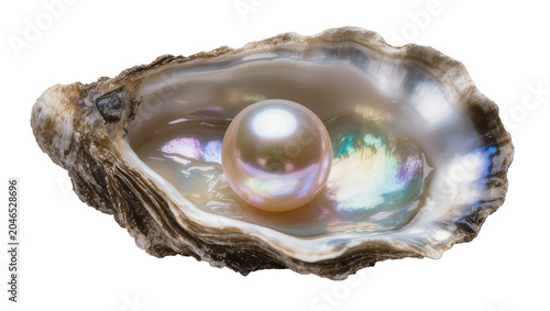 Single iridescent pearl nestled inside a rough oyster shell, isolated on transparent background
