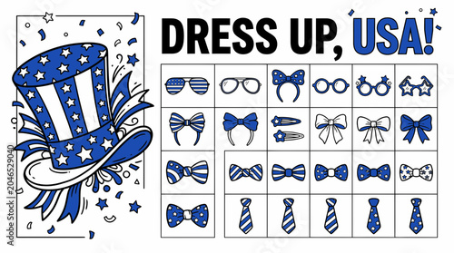 Patriotic American dress up kit with 23 accessory icons, blue and white USA themed party props vector set, Fourth of July celebration elements including uncle sam hat and bow ties