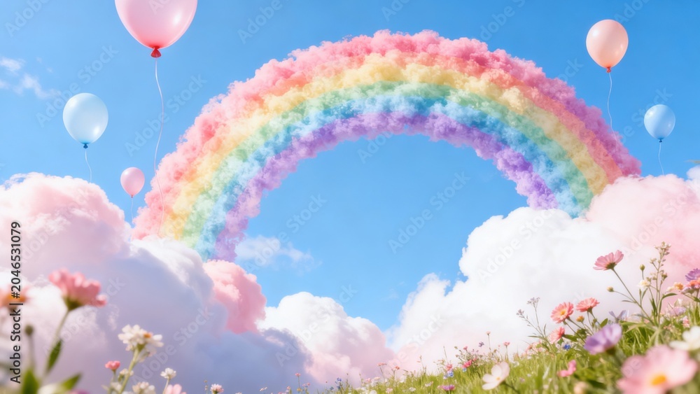 Fototapeta premium Rainbow in sky with balloons and flowers