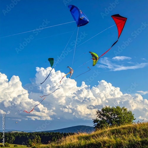 Colorful kites flying in clear blue sky.