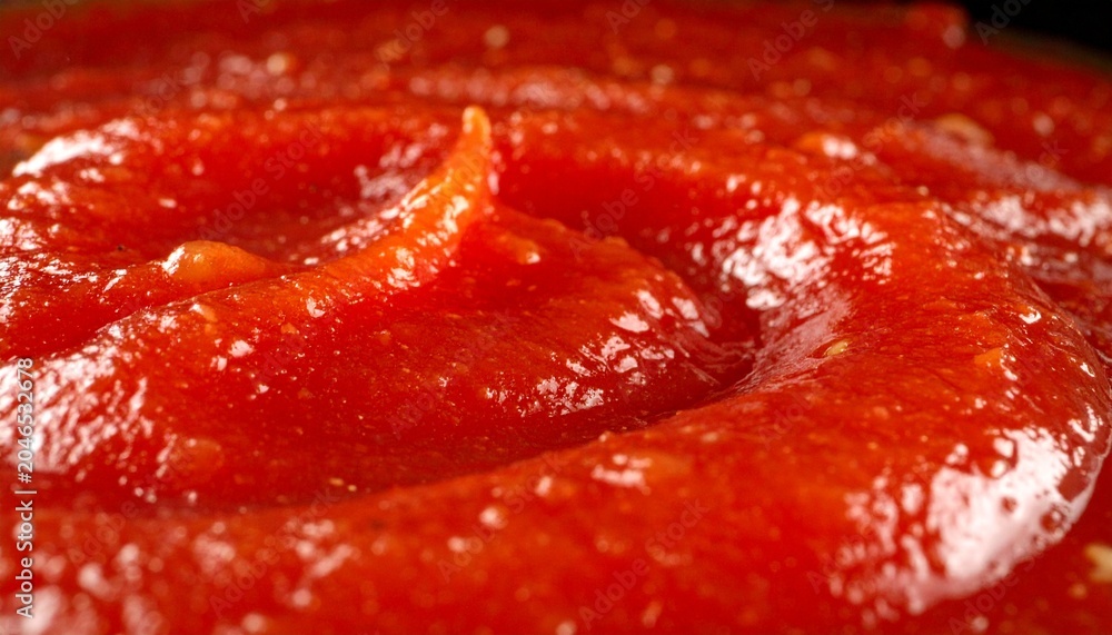Obraz premium A close-up of bright red tomato sauce or ketchup, showing its thick, textured consistency with swirling patterns and glistening highlights
