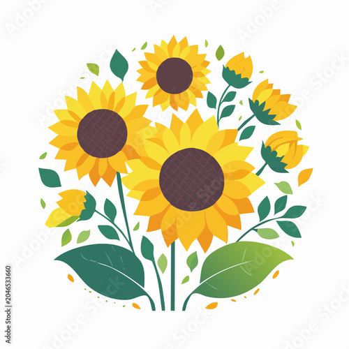 Stylized Sunflower Bouquet with Green Leaves