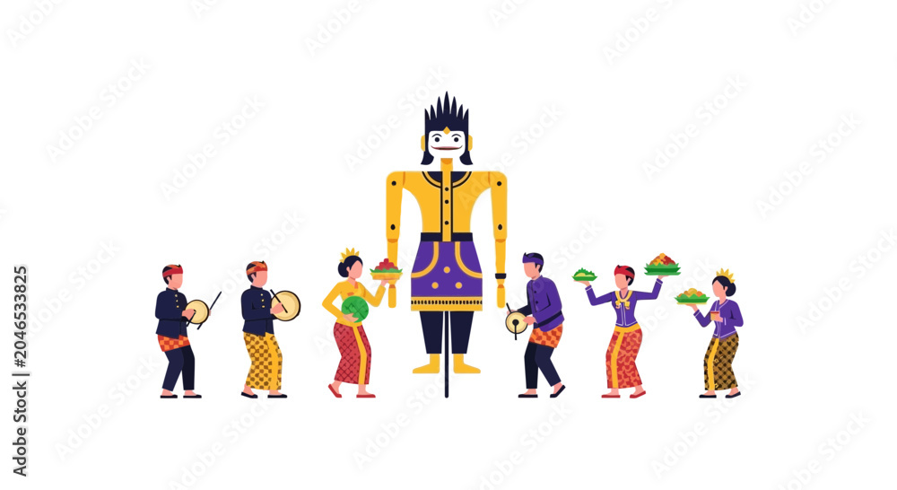 Fototapeta premium Indonesian Culture Festival: Giant Figure, Musicians, Dancers, Offerings