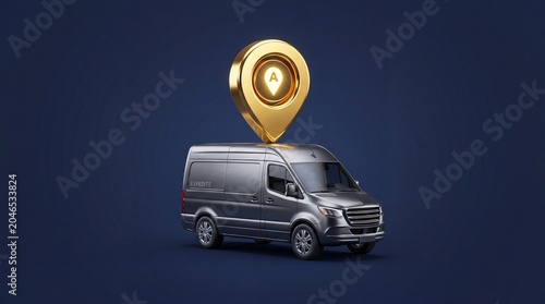 Delivery van with location pin, logistics and shipping service concept