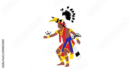 Foto Indigenous Dancer in Traditional Costume with Feathered Headdress on White Backg