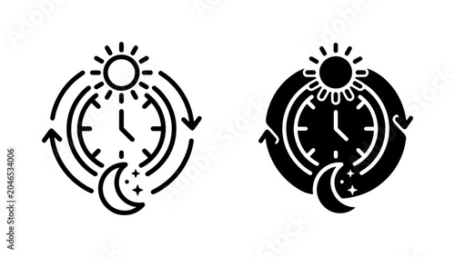 Tableau sur toile Day and Night Cycle Icons, Sun and Moon Clock Symbols, Time Progression Vector G