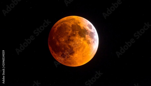 A bright orange moon with dark craters gleams in the blackness of space