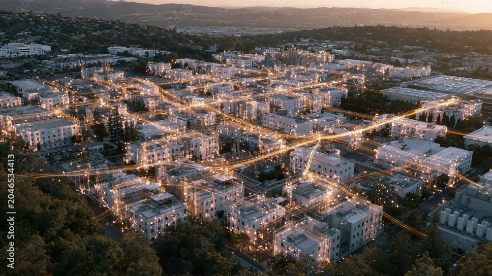 Obraz premium Cityscape at Dusk: Illuminated Buildings and Roads