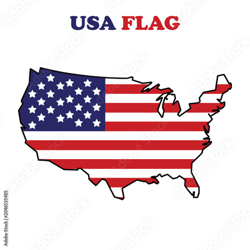 National map of United States of America with patriotic flag design inside borders isolated on white background. Digital vector illustration showing geographic outline for national pride concept.