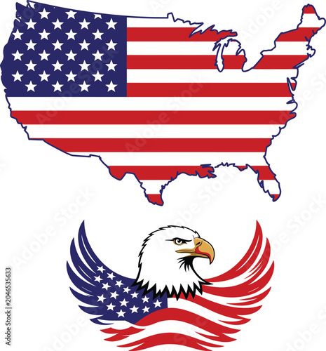 Eagle head graphic combined with flag themed wings and map of United States of America. High quality vector art depicting patriotic emblems suitable for Independence Day celebratory design.