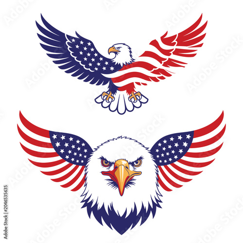Majestic eagle head and flying bird illustrations combined with American flag stars and stripes pattern. Powerful patriotic symbols featuring detailed artwork perfect for national day decor.