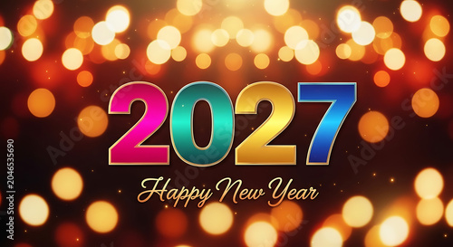 Happy new year 2027 vibrant celebration with bokeh lights and colorful typography