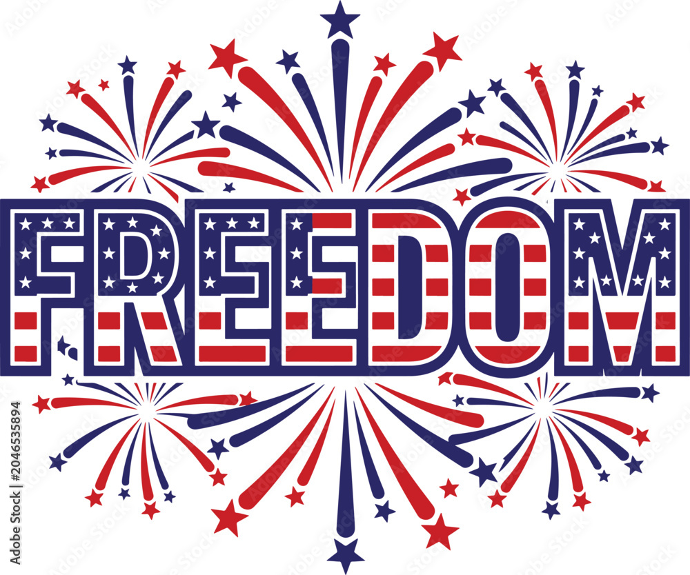 Obraz premium Typography design featuring word freedom filled with American flag texture surrounded by exploding fireworks and stars. Vibrant festive vector graphic perfect for patriotic holiday theme.